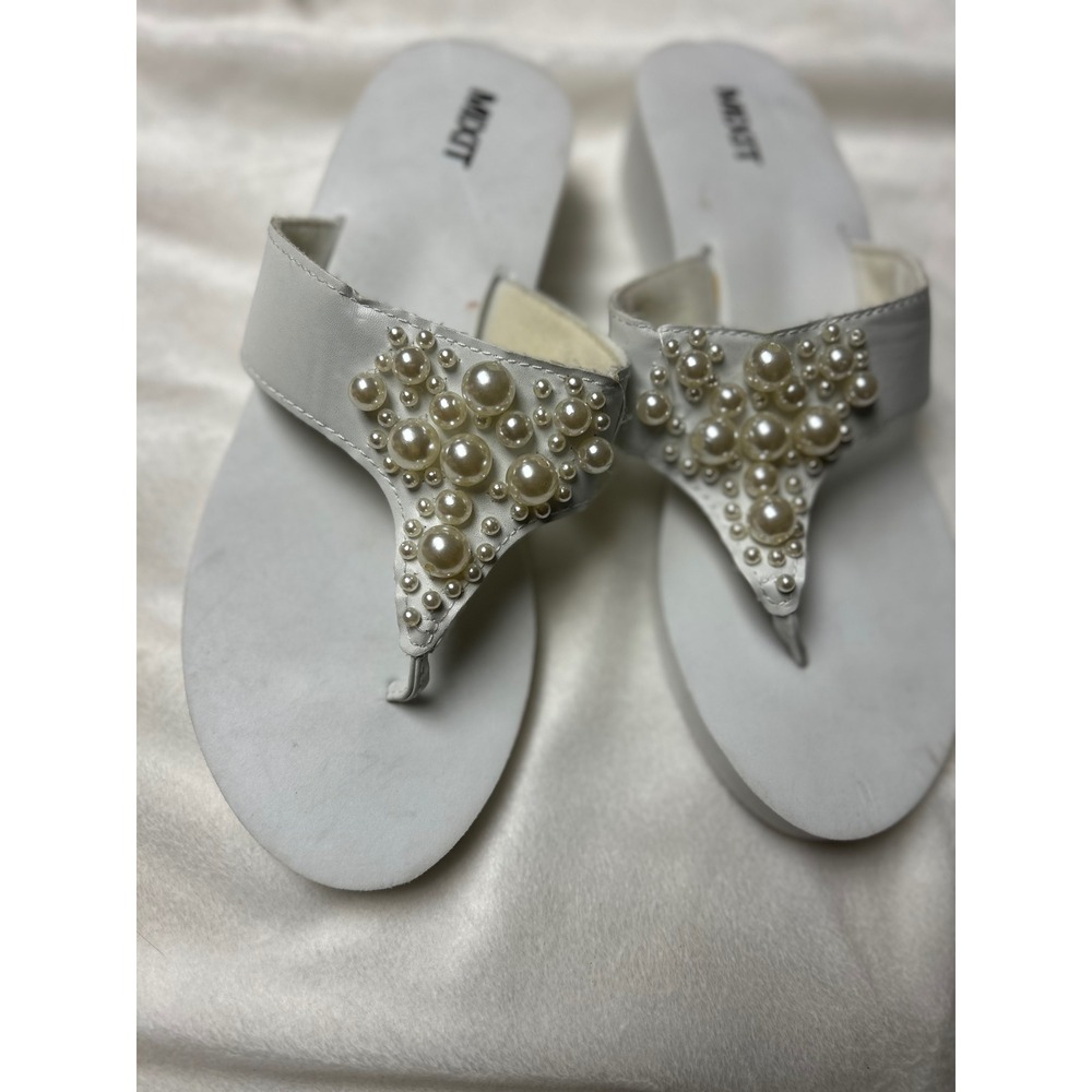 Mixit White Faux Pearl Embellished Platform Flip Flops Wedge Sandals Womens 10